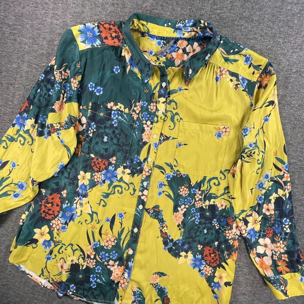 Anthropologie Floral Patchwork Blouse 3X Yellow Green Colorblock Button Shirt - Picture 11 of 12